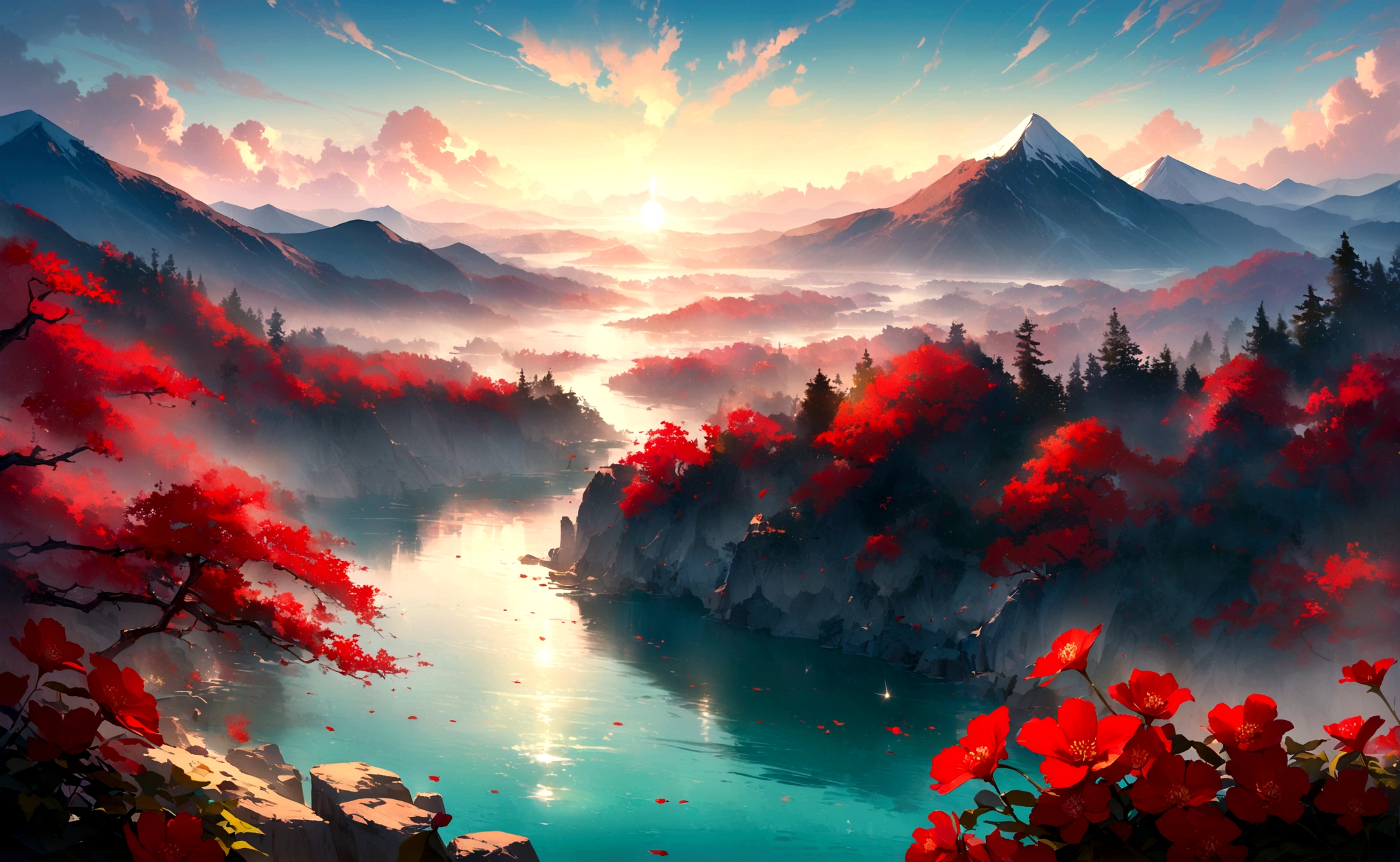 A picturesque scene with the grandeur of Chinese red, poetic elegance, and traditional elements, overlooking a tranquil river with the sun rising, crimson flowers floating on the water, and an ethereal mist enveloping the mountains. The scene exudes a sense of timeless beauty and harmony, capturing the essence of spring with deep green river waters, sparkling blue gemstones, and fresh, vivid colors. The entire landscape appears as if the heavens and earth have converged, creating a mesmerizing and serene atmosphere. The detailed depiction of the surroundings should have the best quality (4k,8k,highres,masterpiece:1.2) and be ultra-detailed with a realistic, photorealistic style (photo-realistic:1.37). The lighting should emphasize studio lighting, sharp focus, vivid colors, and an overall sense of tranquility.