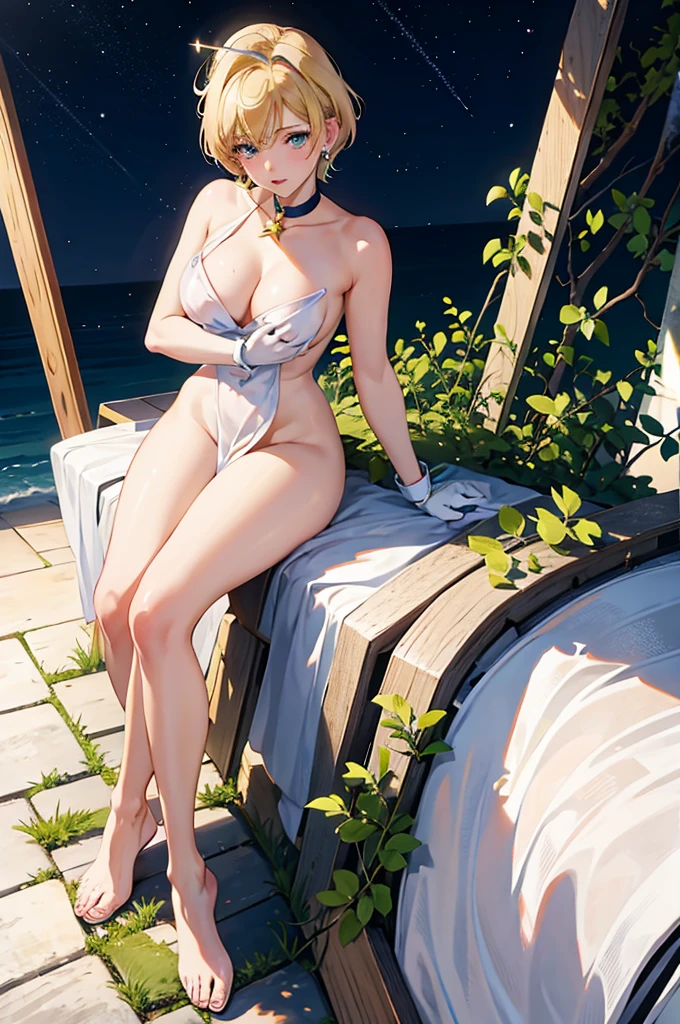 Sailor Uranus,One girl,Blonde,blue choker,Earrings,gloves,jewelry,Magical girl,plant,Sailor Uranus,Sailor Uranus,short hair,alone,star choker,tiara,((very short hair)),white gloves,masterpiece、Highest quality、High resolution、High-quality images、8K, 1 female、Skin luster、Skin Texture、Expression of fine eyes, realism, detailed manga style, Manga art style, Perfect Line Drawing, Beautiful line art, digital manga art girl, clear, charm, ((naked,:1.5)), squat, Put your hands together above your head