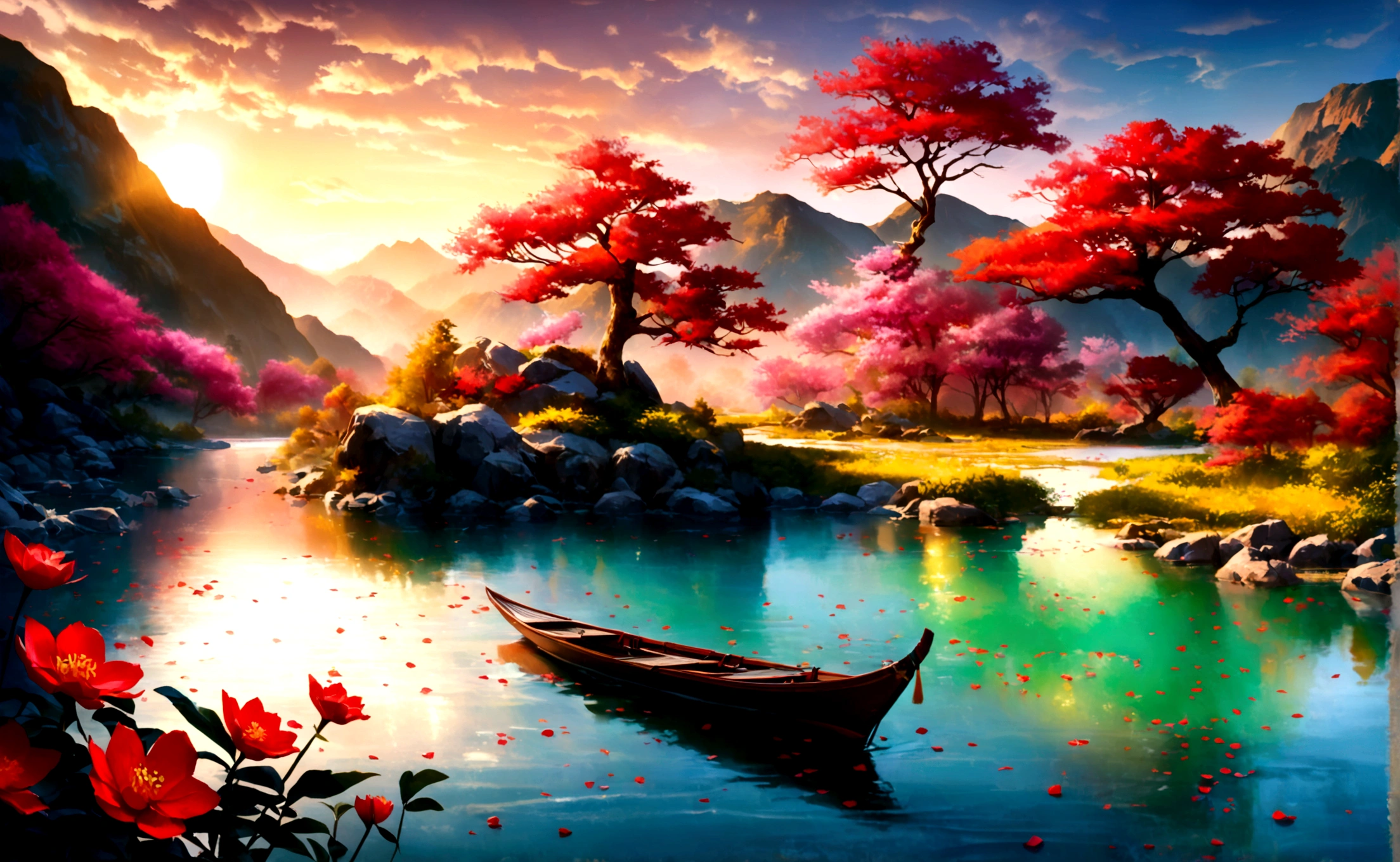 A picturesque scene with the grandeur of Chinese red, poetic elegance, and traditional elements, overlooking a tranquil river with the sun rising, crimson flowers floating on the water, and an ethereal mist enveloping the mountains. The scene exudes a sense of timeless beauty and harmony, capturing the essence of spring with deep green river waters, sparkling blue gemstones, and fresh, vivid colors. The entire landscape appears as if the heavens and earth have converged, creating a mesmerizing and serene atmosphere. The detailed depiction of the surroundings should have the best quality (4k,8k,highres,masterpiece:1.2) and be ultra-detailed with a realistic, photorealistic style (photo-realistic:1.37). The lighting should emphasize studio lighting, sharp focus, vivid colors, and an overall sense of tranquility.