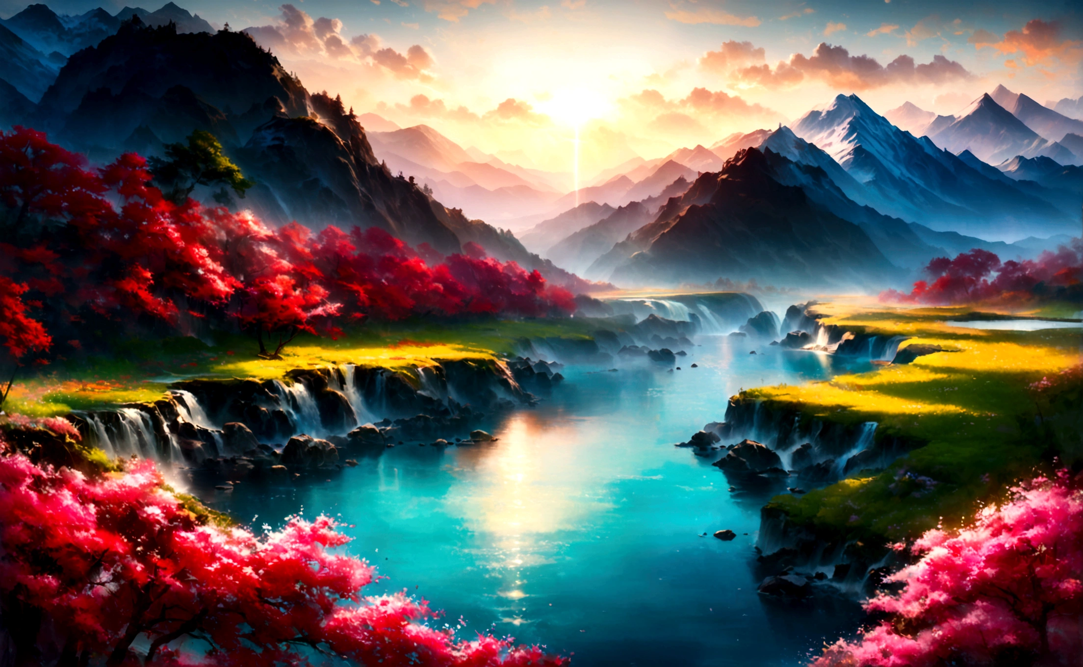 A picturesque scene with the grandeur of Chinese red, poetic elegance, and traditional elements, overlooking a tranquil river with the sun rising, crimson flowers floating on the water, and an ethereal mist enveloping the mountains. The scene exudes a sense of timeless beauty and harmony, capturing the essence of spring with deep green river waters, sparkling blue gemstones, and fresh, vivid colors. The entire landscape appears as if the heavens and earth have converged, creating a mesmerizing and serene atmosphere. The detailed depiction of the surroundings should have the best quality (4k,8k,highres,masterpiece:1.2) and be ultra-detailed with a realistic, photorealistic style (photo-realistic:1.37). The lighting should emphasize studio lighting, sharp focus, vivid colors, and an overall sense of tranquility.