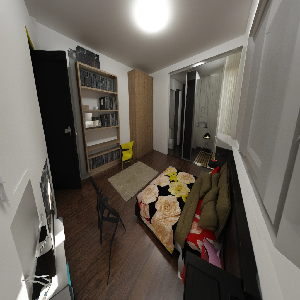 there is a room with a bed, desk, and a chair in it, 3d rendering, 3 d rendering, photorealistic room, house interior, 3d unreal render, an interior of room, in style of 3d render, 3d scene, 3 d scene, inside of a bedroom, 3d cg, 3 d cg, very realistic 3 d render