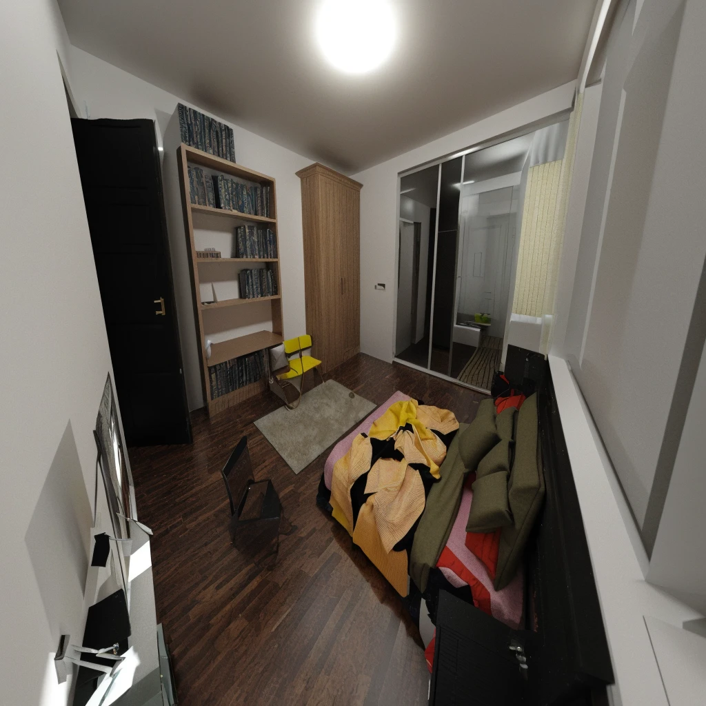 there is a room with a bed, desk, and a chair in it, 3d rendering, 3 d rendering, photorealistic room, house interior, 3d unreal render, an interior of room, in style of 3d render, 3d scene, 3 d scene, inside of a bedroom, 3d cg, 3 d cg, very realistic 3 d render