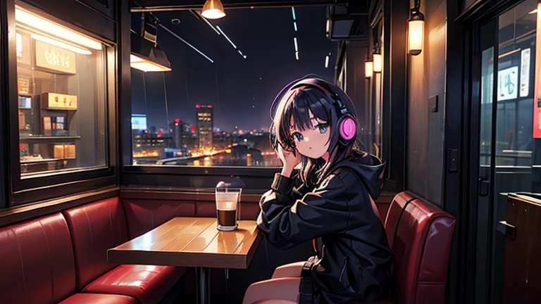 20-year-old female, 90s anime style, rain, coffee shop,, Woman wearing headphones, Late Night Cafe,Listening to music alone, City Pop, low quality, Lo-Fi, Chill, late 夜, Stylish cafe counter seats, Dark Room, Futuristic night view outside the window, Dark Room