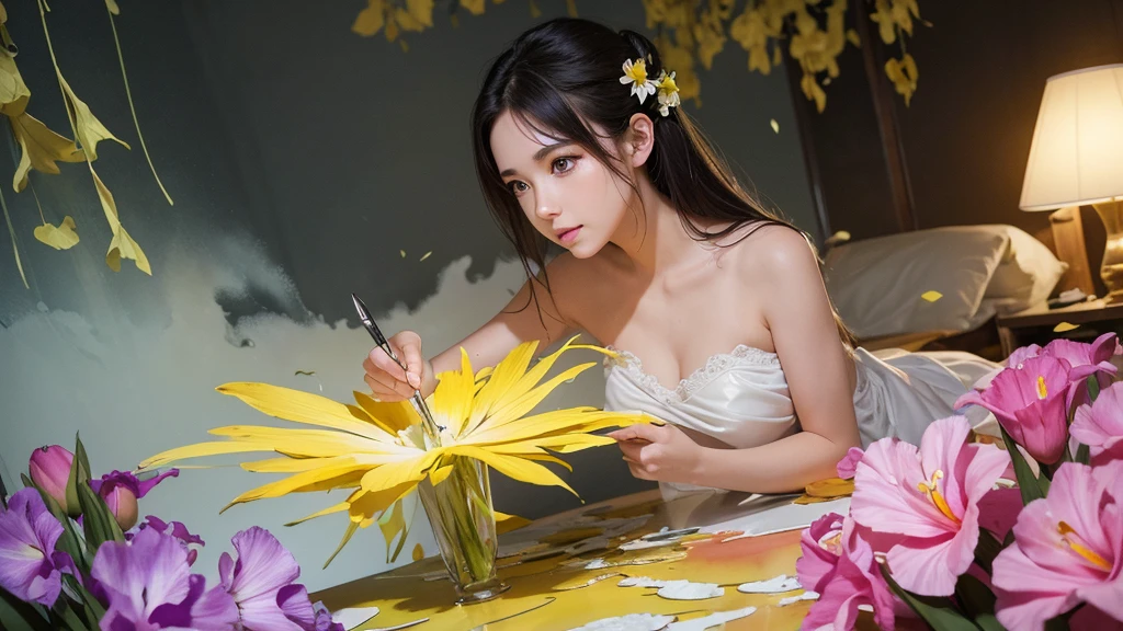 32k, Masterpiece, Highest quality, One girl, Detailed eyes, flower,gladiolus, Yellow and pink style,A dreamy, romantic piece,Pale yellow, Mysterious Leaves,A playful arrangement,Fantasy,High Contrast,Ink strokes,explosion,Exposure, Impression of yellow and white tones,Abstract,((Watercolours by John Berkey and Jeremy Mann )) Brush strokes,Negative Space, Tyndall effect,