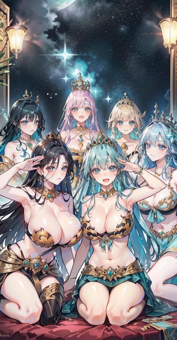 Group of 5 princesses,(6 young women,many young women), (in the bedroom), Various hair styles, harem,(shiny armor, Beautiful crowns and jewelry,crystal filigree jewelry), at night, detailed face, big breasts,Breast curtain, long skirt, mule, Sleeveless , Show your armpits, at night, starry at night,(large areolae:1.4,pink,The nipples are clearly visible....),(Various poses),(no bra), Highest quality、Highest picture quality、Masterpiece
