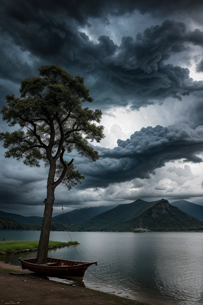 A wooden swing hanging on a big branch tree and a wooden boat on the shore of the lake on the shore of the black water of the lake in the stormy cloudy dark sky. On the other side of the lake is a huge stone mosque of black stone in the green hills. The sky is covered with dark clouds. Bright Moonlight