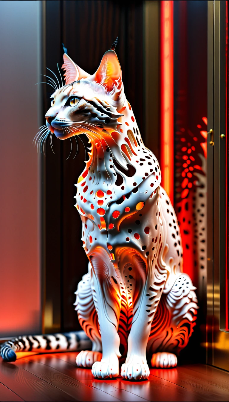 There is no one, realistic photo, realism, sphinx (Sphynx) cat, future oriented, metal decoration, Shining red light inside, hollow interior, Polish, ray tracing, perfect composition, intricate details, Very sharp, masterpiece, profile, high resolution