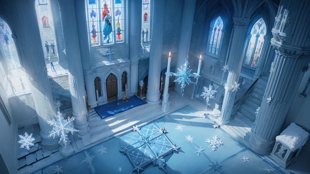 (((Different world interior scene,Frozen Church,Rooftop blue flag))),(Spiral staircase,Statue of the Goddess),shrine,beauty,Spectacular,majesty,luxurious,Ice cubes,Crystal clear,Glass,transparent,Light,warmth,