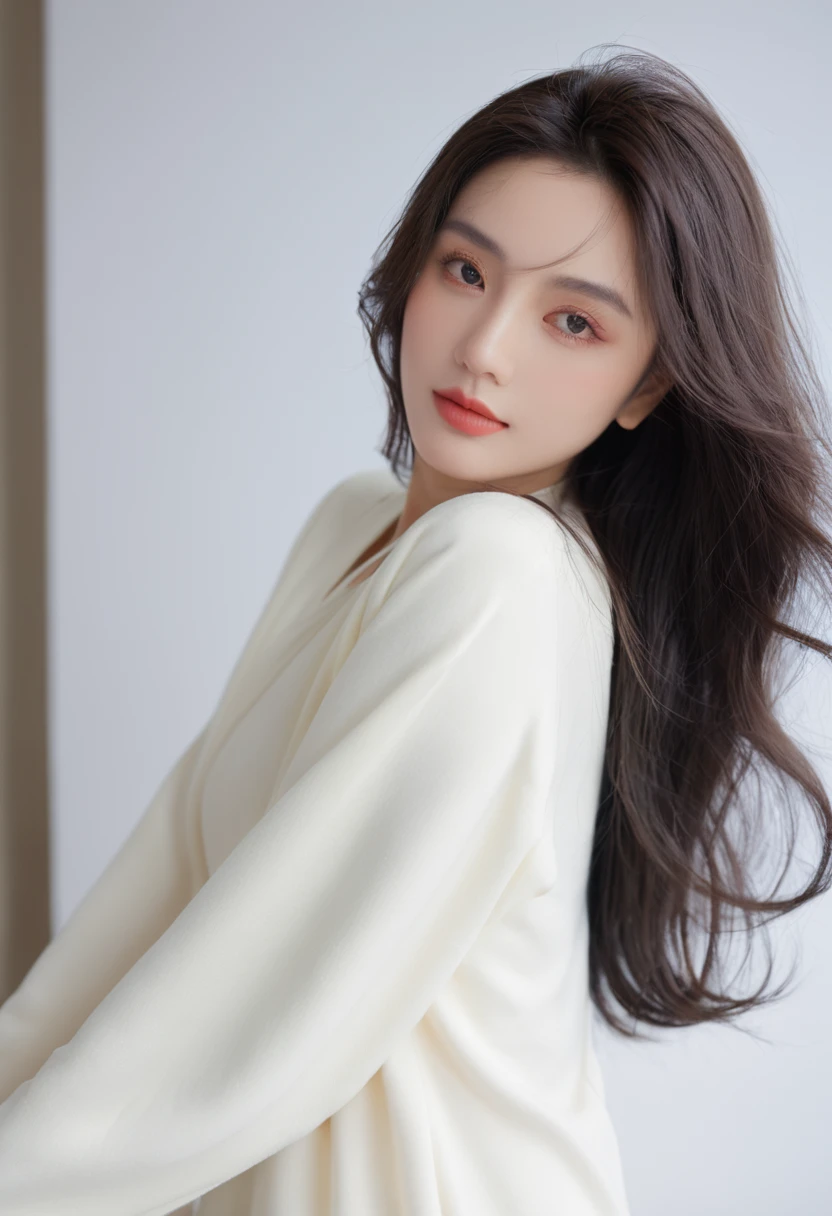 ((masterpiece, best quality)), (1 Girl), (Solitary), (Women's Focus), (Ahog, White hair, Very long hair), Golden Eyes, clear smile, open mouth, ((White shirt), (Button-down shirts), (Gap Button)), ((Black skirt), (Short skirt)), permanent, White background, Put your hands behind your back, Dynamic Angle