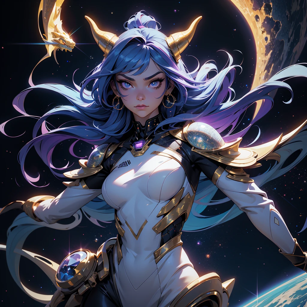 A space dragon sitting at the edge of the universe, lonely, sad, void, stars, the stars mixed in the sea, a sea of stars, ethereal woman, Blue and purple hair , space buns, space outfit, white black and gold outfit, golden dragon horns and tail, space outfit, space suit, mass effect suit, perfectly drawn face, black dress, stars detailed background, prismatic lighting, glitter, whole body, walking on the stars with crystal shoes A beautiful dragon humanoid woman with space hair of variant shades of blue and purple with space buns in hair , Golden scanes on the face and shoulders, Anime, 4k, Beautiful woman with a golden dragon tail and horns, Space hair, Floating in space, Vintage space Attire, floating through space, dancing, havign fun, Space Witch, Witch, Older woman, Toned physique, long hair with side bangs, humanoid face with scales, human with dragon horns and tail, witch outfit, body suit, thigh boots, wearing black, white and gold, blue hair, purple hair, Woman in space with water rippling reflecting the night sky, space and water mixed today, dancing in space, floating, ethereal dragon at the edge of the universe, end of the universe