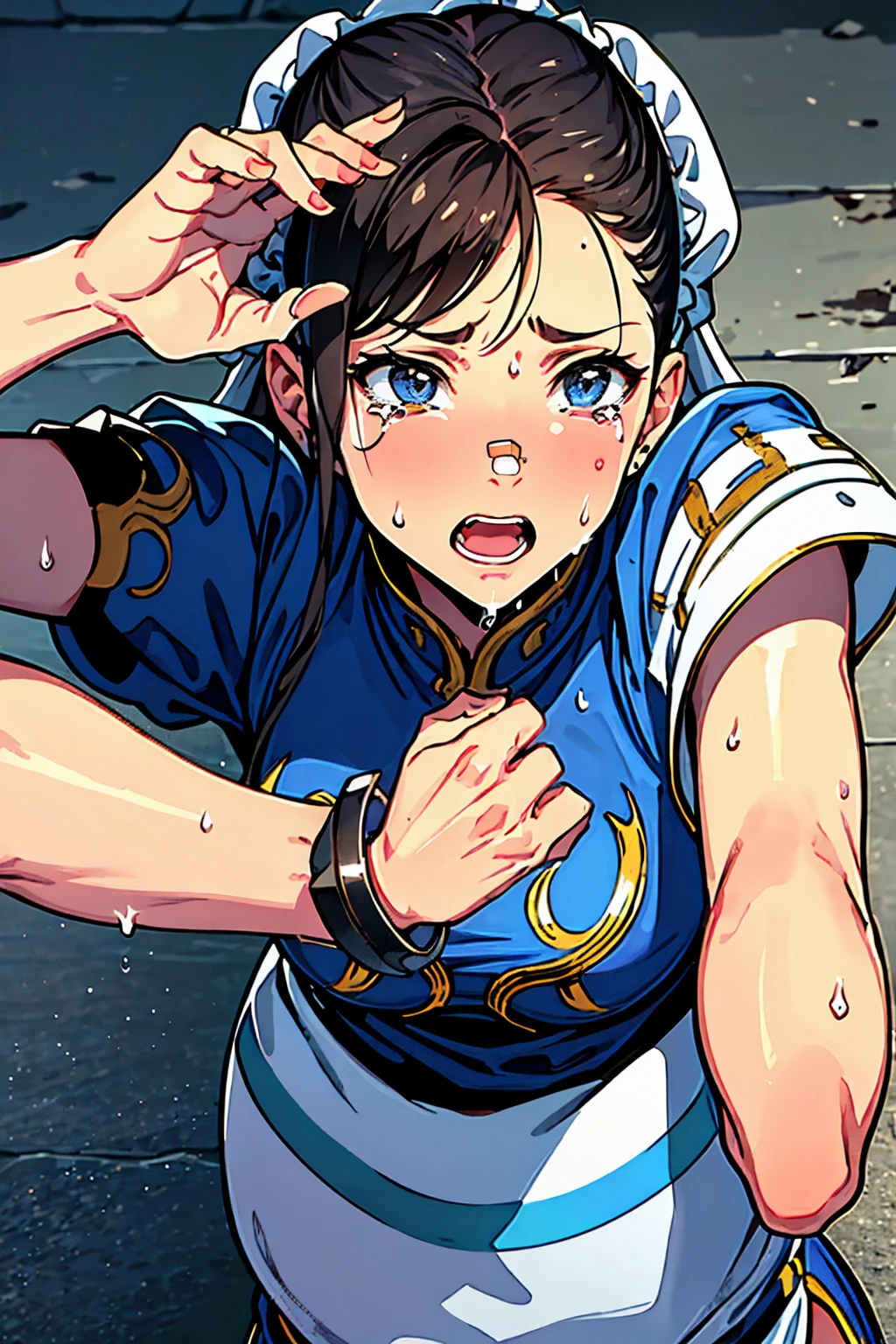 master piece, best quality, ultla detailed, high resolution, 8K, extremely detailed face, anime, NSFW, gore, violence, guillotine, hair buns, covered buns, chinese dress, qipao, blue outfit, spiked bracelets, puffy sleeves, brown pantyhose, white belt, white boots, torn clothes, chunli, sf2 chun, 26yo, mature, frightened, arms behind weist, abused, swollen her cheek and forehead, bitting wound on face, beaten up, bumped, wounds on body and face, bruise, (wounds on body and face:1), blood splattered face, beaten face, (((swollen nose and cheek:1.1))), ((bruised on face:1.2)), (((eye swollen almost shut:1.5))), bitting wound on skin, drooling, vomit, (feel exhausted after torture), teardrop, sweatdrop, torture, shibari, shibari body, bondage, 