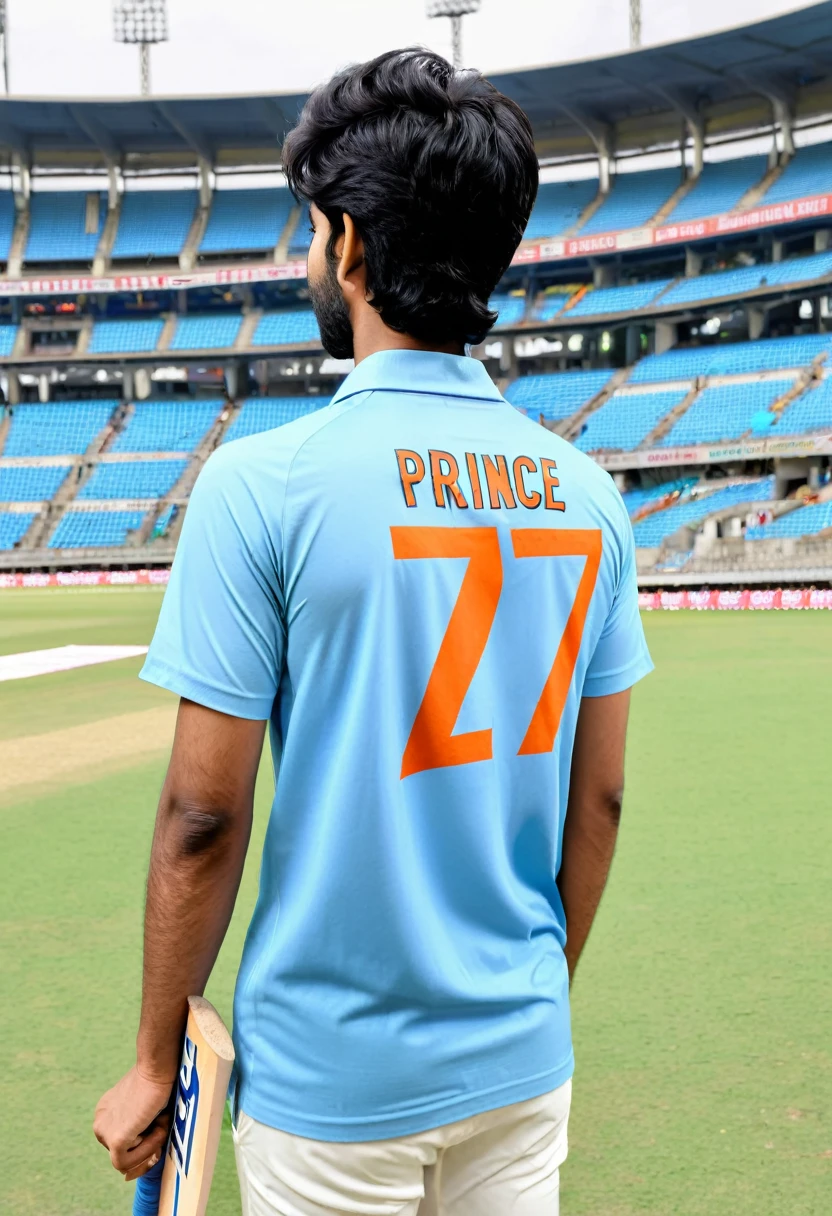 20 year boy,holds a cricket bat,worn a Indian cricket team tshirt with name ' PRINCE '
,jersey number 07 , back view,black hair,in stadium,on pitch