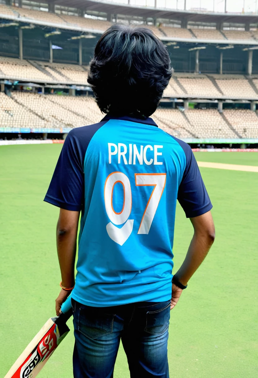20 year boy,holds a cricket bat,worn a Indian cricket team tshirt with name ' PRINCE '
,jersey number 07 , back view,black hair,in stadium,on pitch