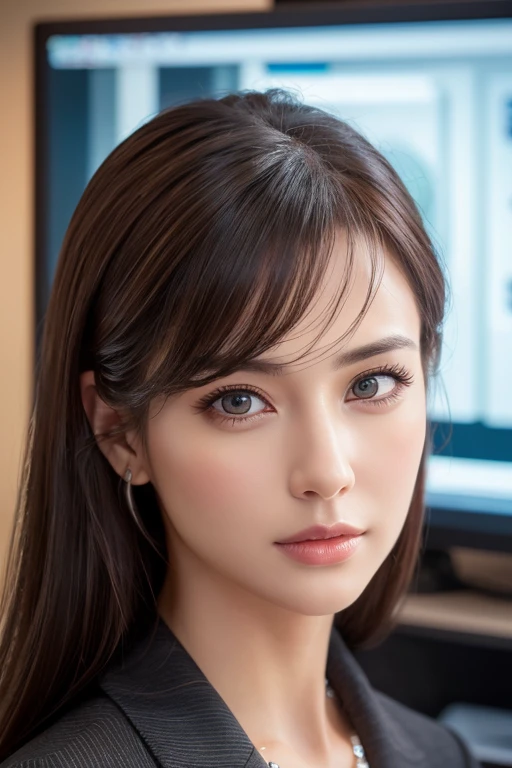 A detailed eye for detail, Beautiful lip detail, Highly detailed eyes and face, Long eyelashes, Elegant office lady, Professional business attire, Office Environment, machine, computer, document, (Highest quality,High resolution,masterpiece:1.2),Super detailed,(Realistic,photoRealistic,photo-Realistic:1.37),High resolution,超High resolution,Studio Lighting,Ultra-fine painting,Sharp focus,Physically Based Rendering,Very detailed explanation,Professional,Vibrant colors,Bokeh,Intricate details,highly Realistic,photoRealistic portrait