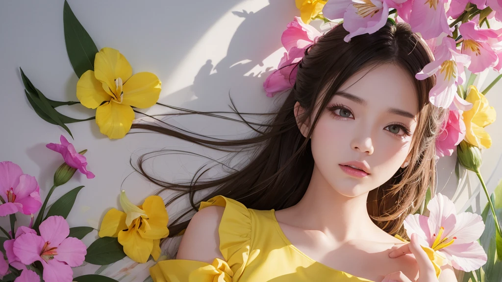 32k, Masterpiece, Highest quality, One girl, Detailed eyes, flower,gladiolus, Yellow and pink style,A dreamy, romantic piece,Pale yellow, Mysterious Leaves,A playful arrangement,Fantasy,High Contrast,Ink strokes,explosion,Exposure, Impression of yellow and white tones,Abstract,((Watercolours by John Berkey and Jeremy Mann )) Brush strokes,Negative Space, Tyndall effect,
