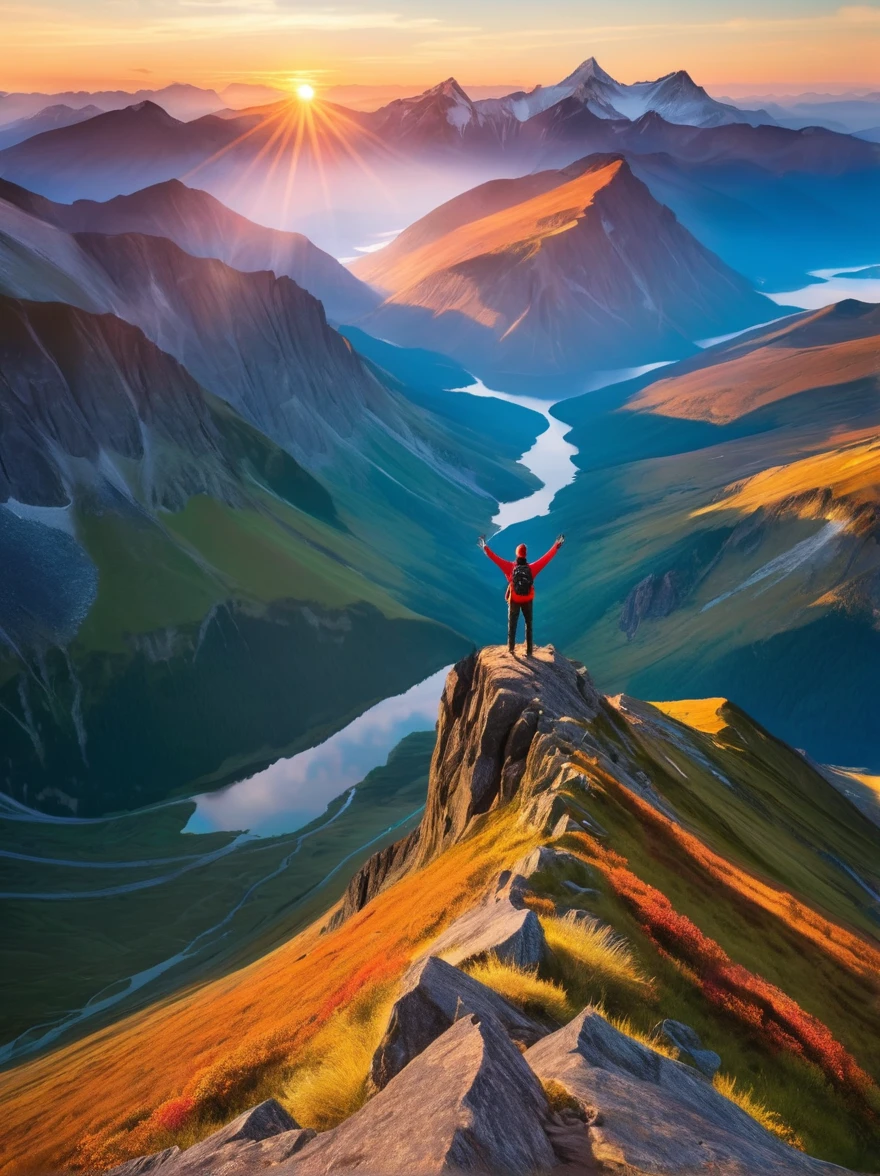 Illustrate a solitary figure atop a mountain peak during a glorious sunrise. The individual is seen with their arms stretched wide, embodying a sense of achievement and , echoing the magnificence of the natural landscape. The scene is flooded with bright, vibrant colors and the light of dawn creates dramatic shadows, enhancing the grandeur of the environment. The vantage point is similar to that offered by a wide-angle lens, providing a panoramic view of the vast wilderness, under the theme of adventure and exploration.