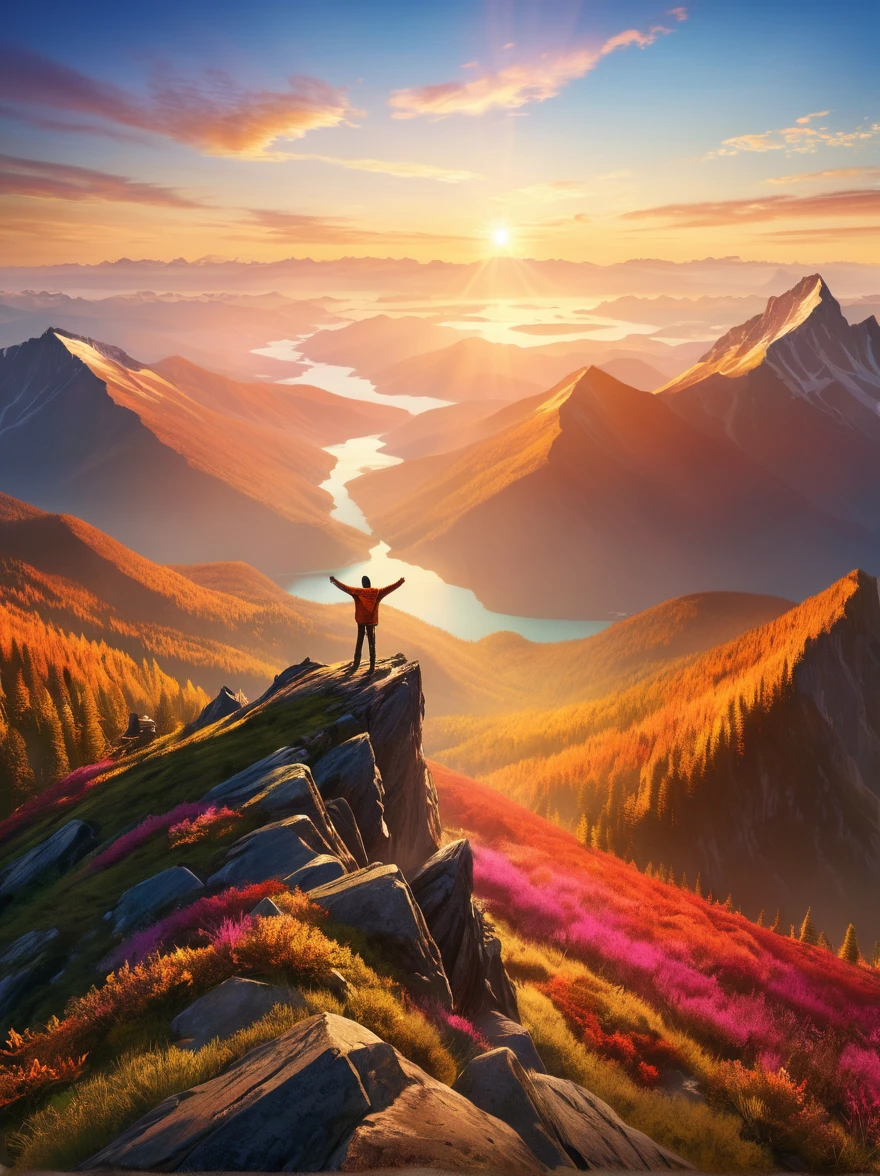 Illustrate a solitary figure atop a mountain peak during a glorious sunrise. The individual is seen with their arms stretched wide, embodying a sense of achievement and , echoing the magnificence of the natural landscape. The scene is flooded with bright, vibrant colors and the light of dawn creates dramatic shadows, enhancing the grandeur of the environment. The vantage point is similar to that offered by a wide-angle lens, providing a panoramic view of the vast wilderness, under the theme of adventure and exploration.