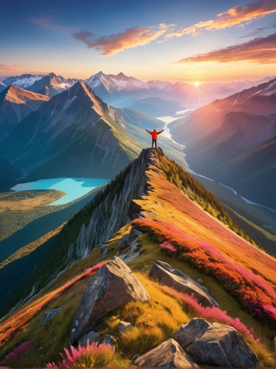 Illustrate a solitary figure atop a mountain peak during a glorious sunrise. The individual is seen with their arms stretched wide, embodying a sense of achievement and , echoing the magnificence of the natural landscape. The scene is flooded with bright, vibrant colors and the light of dawn creates dramatic shadows, enhancing the grandeur of the environment. The vantage point is similar to that offered by a wide-angle lens, providing a panoramic view of the vast wilderness, under the theme of adventure and exploration.
