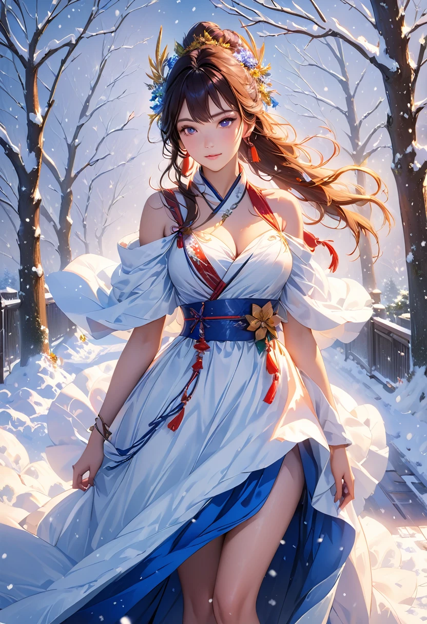 Highest quality, Super detailed, (Ultra-high resolution,8K), (In a blizzard:1.2), (Photorealistic), Bright lighting, Very Heavy Snow Colorful, Goddess-like beauty, Professional photography techniques, street tree