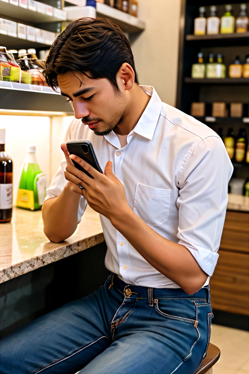 A man who is young store owner seating on the stores counter and taking orders talking on mobile phone call