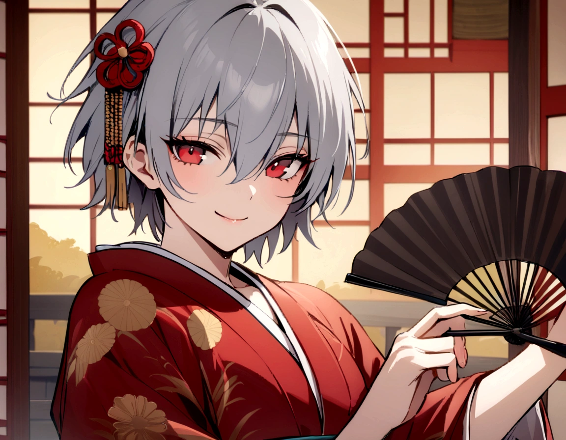 masterpiece, best quality, kaworu nagisa, cute, hot, elegant, seductive, red eyes, 1boy, ancient japan background, boy wearing female kimono, red decorative kimono, hair accessories, holding fan, smiling sweetly