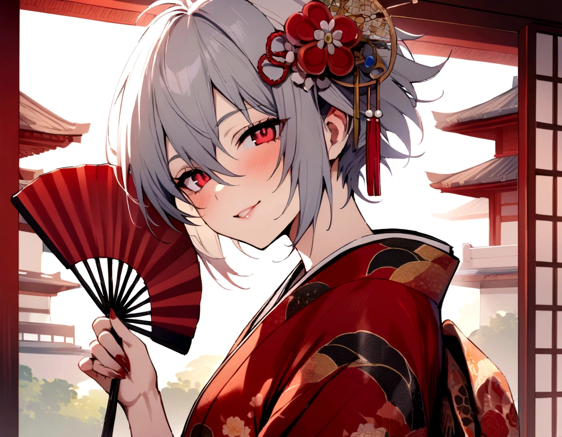 masterpiece, best quality, kaworu nagisa, cute, hot, elegant, seductive, red eyes, 1boy, ancient japan background, boy wearing female kimono, red decorative kimono, hair accessories, holding fan, smiling sweetly