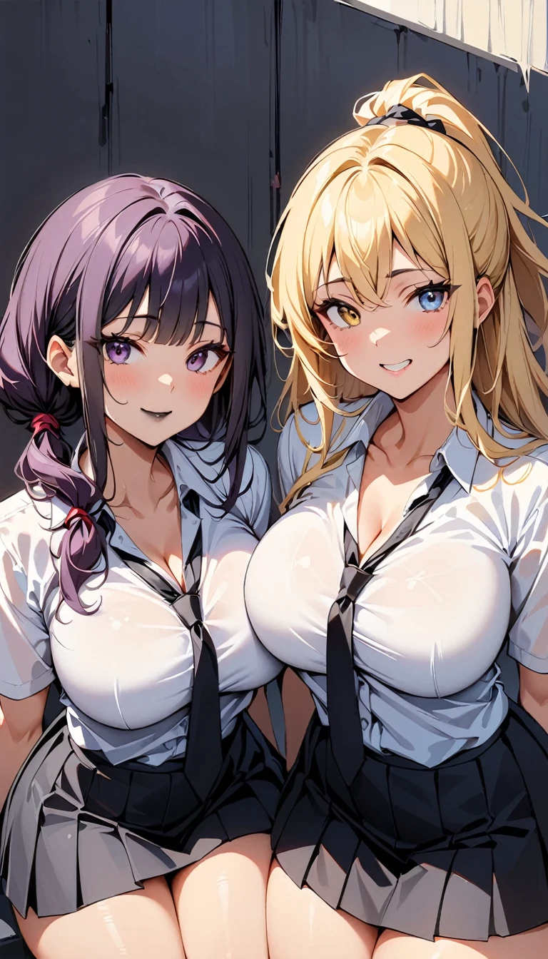 (high quality, 8k, 4K, high contrast, artwork:1.2, high quality, best aesthetics), ((3 woman)), (3 different characters), [first character: (almost pale white skin), (dark purple hair tied in a ponytail), (dark purple eyes), (black lipstick), (calm facial expression), (medium breasts), (wide thighs), (mature body), (white dress shirt, black tie and short black skirt)], [second character: (brown black skin), (loose wavy long red hair), (yellow eyes), (funny facial expression), (medium breasts), (wide thighs), (white dress shirt, black tie, short black skirt), (without lipstick)], [third character: (long, straight blonde hair), (blue eyes), (calm and gentle facial expression), (large breasts), (wide thighs), (white dress shirt, black tie, short black skirt), 3 women sideways to each other looking at the viewer, empty classroom background, sexy, sensual bodies, mature body, cleavage.