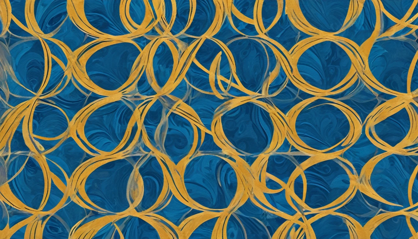 "Create a 2D gift wrap design with abstract blue and gold lines that intertwine gracefully, creating an elegant and luxurious pattern. Include round shapes to add depth and interest."