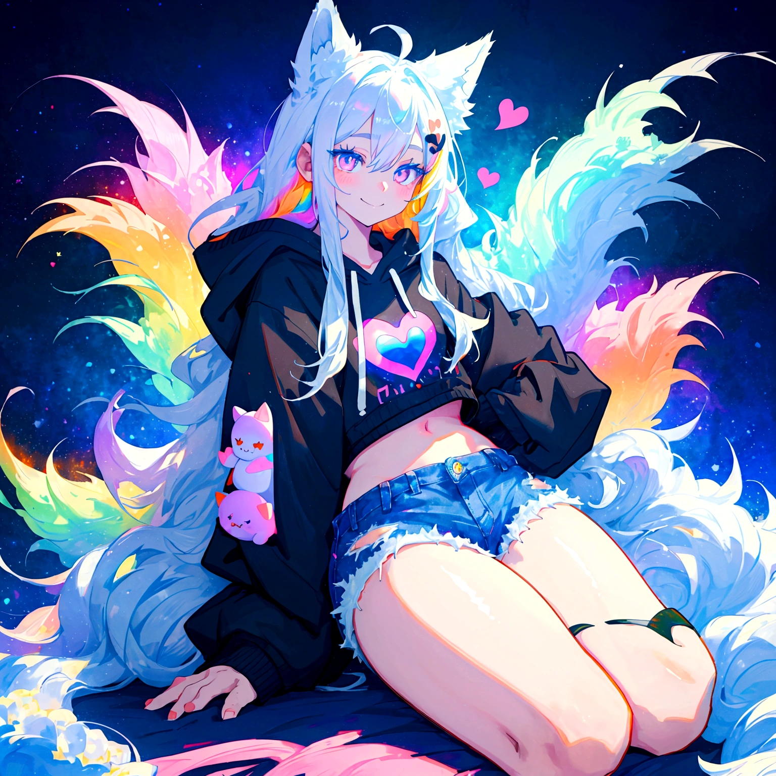 a cute adult male with wolf ears, long white hair, long locks, has a wolf tail, wearing a loose cropped black hoodie, wearing a pair of denim short shorts and fishnet stockings, thick thighs, wide hips, relaxing on mound of fluffy multi colored kawaii plushies, short, very slim, showing slender tummy, heart on hoodie, squishy thighs, has glowing blue eyes. alone, solo (ALONE)(SOLO), surrounded by rainbows, colorful galaxy backround, smiling