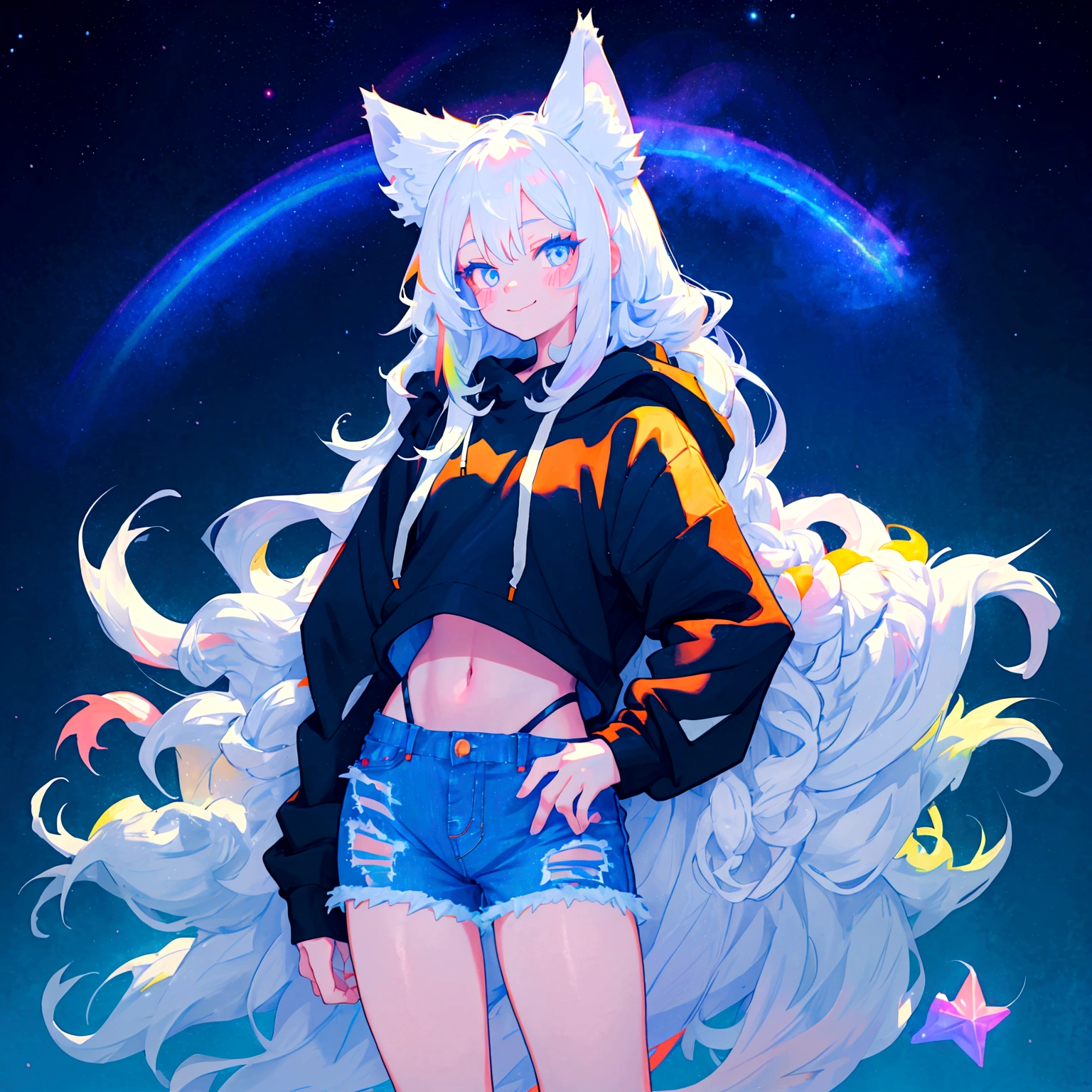 a cute adult male with wolf ears, long white hair, long locks, has a wolf tail, wearing a loose cropped black hoodie, wearing a pair of denim short shorts and fishnet stockings, thick thighs, wide hips, relaxing on mound of fluffy multi colored kawaii plushies, short, very slim, showing slender tummy, heart on hoodie, squishy thighs, has glowing blue eyes. alone, solo (ALONE)(SOLO), surrounded by rainbows, colorful galaxy backround, smiling
