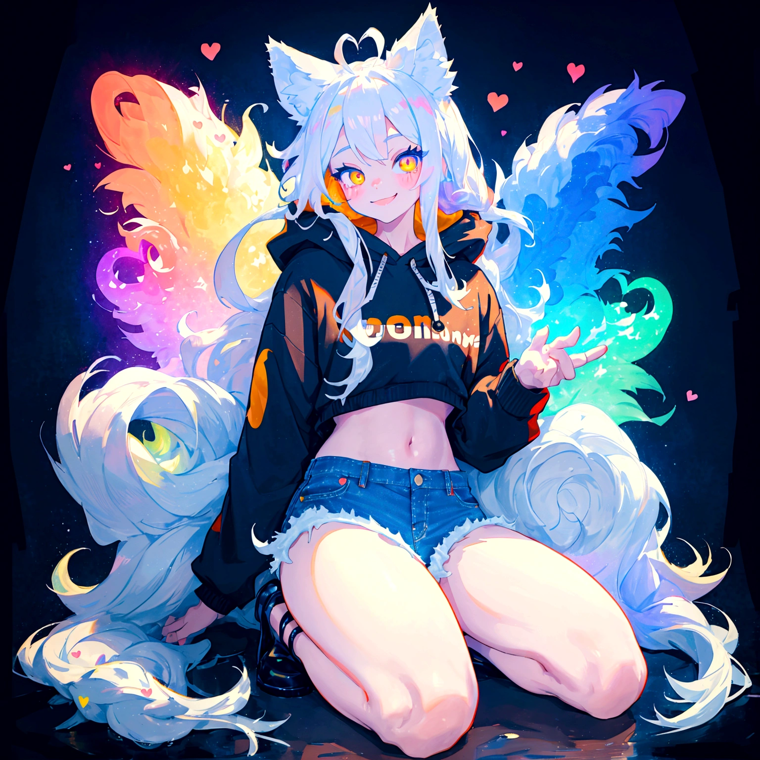 a cute adult male with wolf ears, long white hair, long locks, has a wolf tail, wearing a loose cropped black hoodie, wearing a pair of denim short shorts and fishnet stockings, thick thighs, wide hips, relaxing on mound of fluffy multi colored kawaii plushies, short, very slim, showing slender tummy, heart on hoodie, squishy thighs, has glowing blue eyes. alone, solo (ALONE)(SOLO), surrounded by rainbows, colorful galaxy backround, smiling