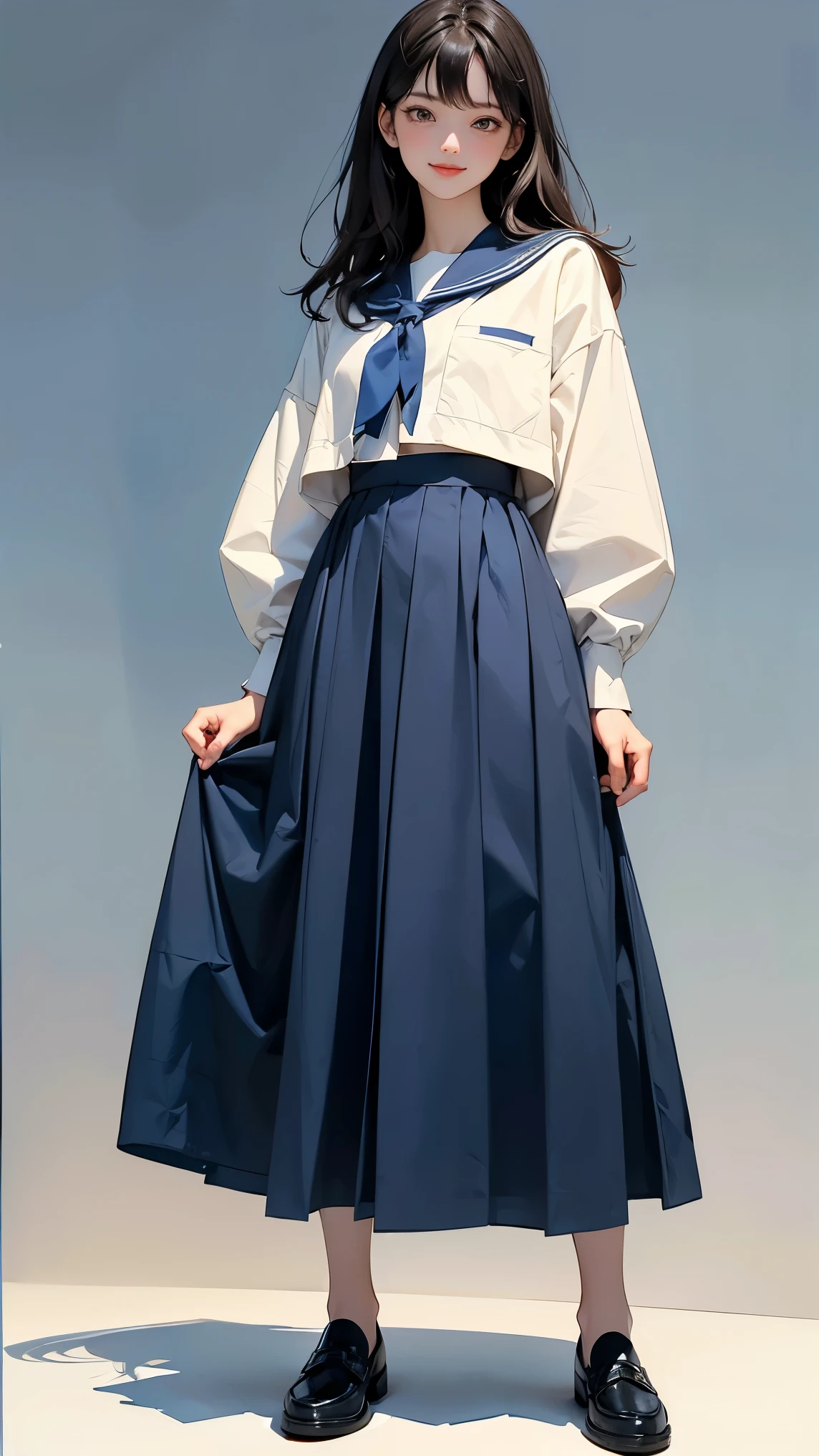 (1 Girl、alone、whole body、natural standing posture)、(Standing casually)、(whole body:1.4)、(whole bodyショーケース)、(whole bodyを見せる)、((Character Concept Art))、(Portraiture:1.2)、(Detailed facial depiction、A kind smile)、Short dark brown hair、White Sailor Suit、Navy blue sailor color、uniform、Long skirt、Pleated skirt、shoes、loafers、(Vintage、Classic)、((背sceneなし))、((白色の背scene))、背sceneをぼかす、(No logo)、((Watercolor of singer Sargent))、Impressionist style painting、(Highest quality、masterpiece)、scene)), ((無地の背scene)), (((空の背scene)))