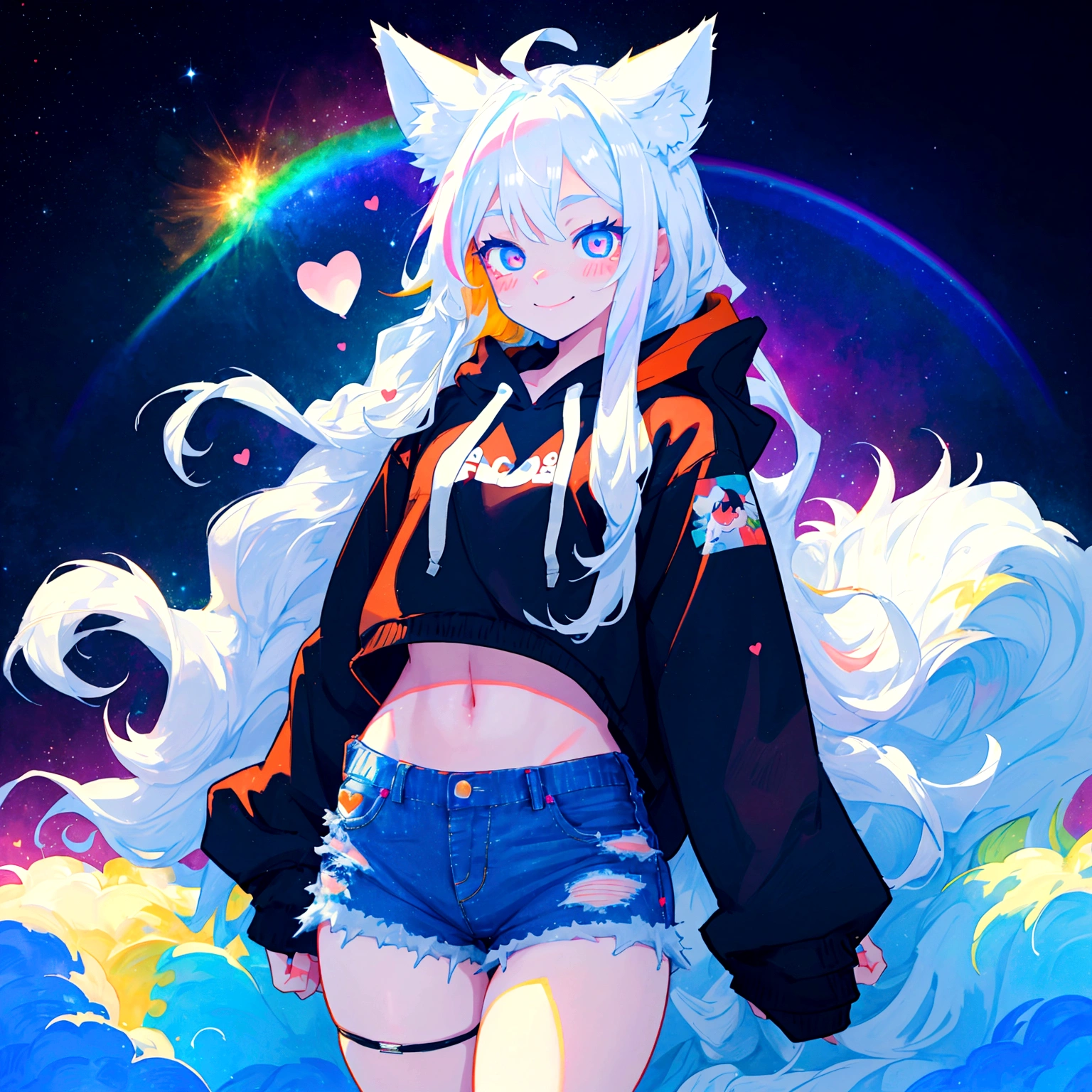 a cute adult male with wolf ears, long white hair, long locks, has a wolf tail, wearing a loose cropped black hoodie, wearing a pair of denim short shorts and fishnet stockings, thick thighs, wide hips, relaxing on mound of fluffy multi colored kawaii plushies, short, very slim, showing slender tummy, heart on hoodie, squishy thighs, has glowing blue eyes. alone, solo (ALONE)(SOLO), surrounded by rainbows, colorful galaxy backround, smiling
