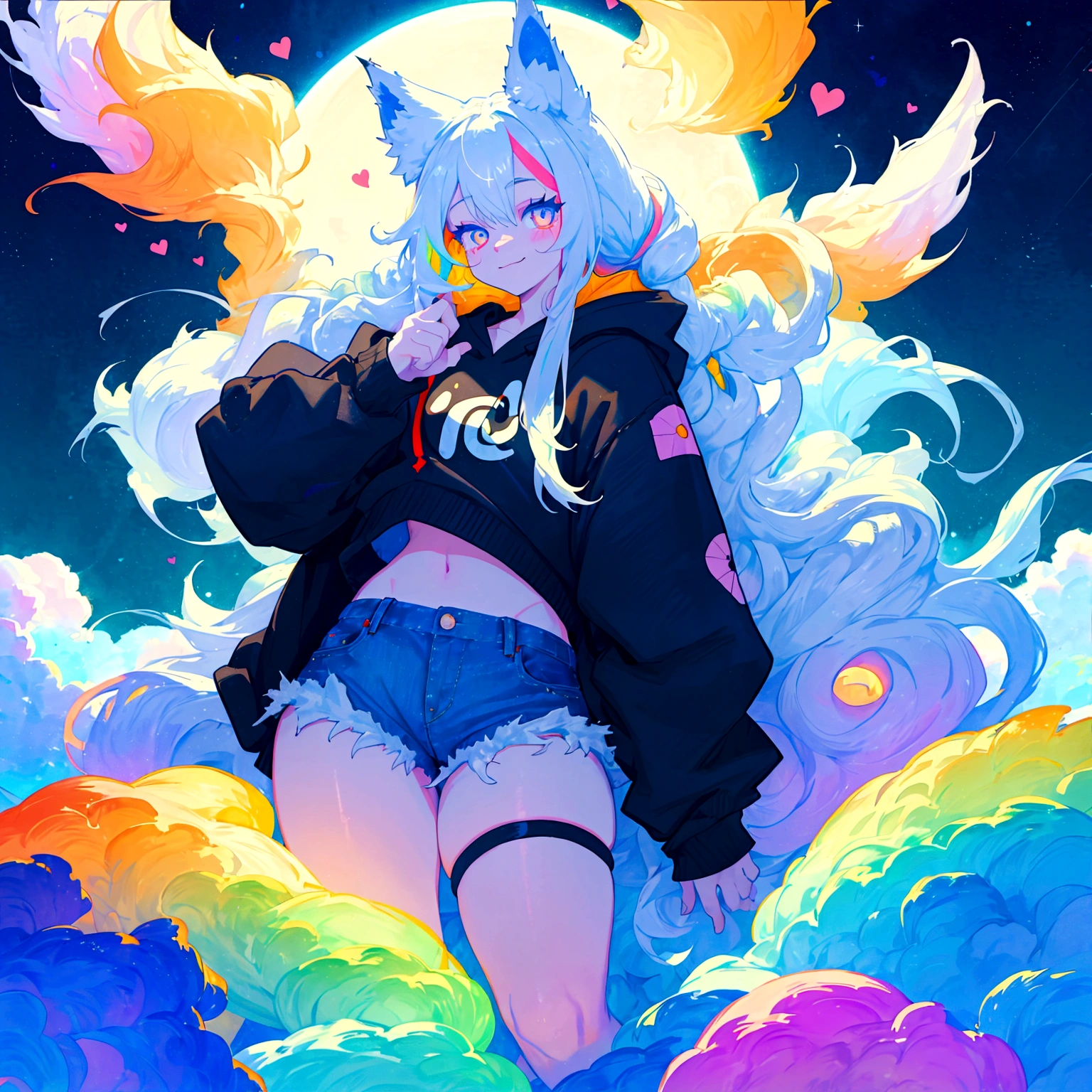 a cute adult male with wolf ears, long white hair, long locks, has a wolf tail, wearing a loose cropped black hoodie, wearing a pair of denim short shorts and fishnet stockings, thick thighs, wide hips, relaxing on mound of fluffy multi colored kawaii plushies, short, very slim, showing slender tummy, heart on hoodie, squishy thighs, has glowing blue eyes. alone, solo (ALONE)(SOLO), surrounded by rainbows, colorful galaxy backround, smiling