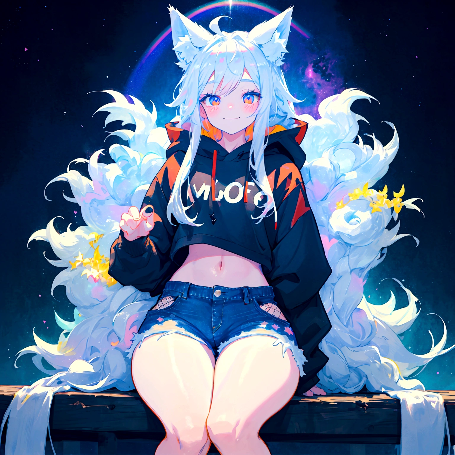 a cute adult male with wolf ears, long white hair, long locks, has a wolf tail, wearing a loose cropped black hoodie, wearing a pair of denim short shorts and fishnet stockings, thick thighs, wide hips, relaxing on mound of fluffy multi colored kawaii plushies, short, very slim, showing slender tummy, heart on hoodie, squishy thighs, has glowing blue eyes. alone, solo (ALONE)(SOLO), surrounded by rainbows, colorful galaxy backround, smiling