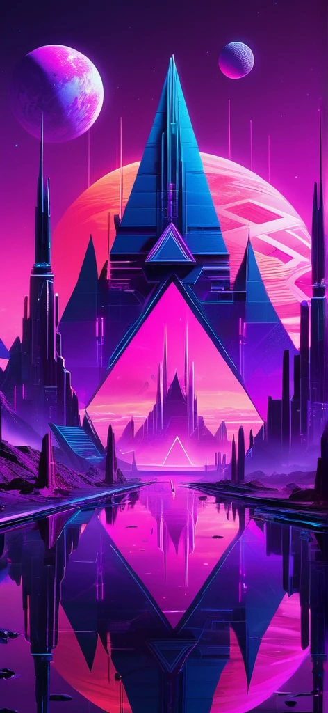 (masterpiece, high resolution, stylish, cool) “Create a futuristic, neon-lit landscape with geometric structures and a reflective surface. Include towering spires and pyramids against a vibrant, colorful sky featuring a planet. The scene should have a cyberpunk aesthetic with purple and pink hues, and intricate, glowing patterns.”