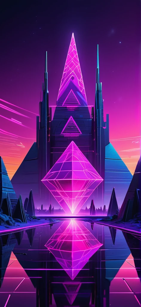 (masterpiece, high resolution, stylish, cool) “Create a futuristic, neon-lit landscape with geometric structures and a reflective surface. Include towering spires and pyramids against a vibrant, colorful sky featuring a planet. The scene should have a cyberpunk aesthetic with purple and pink hues, and intricate, glowing patterns.”