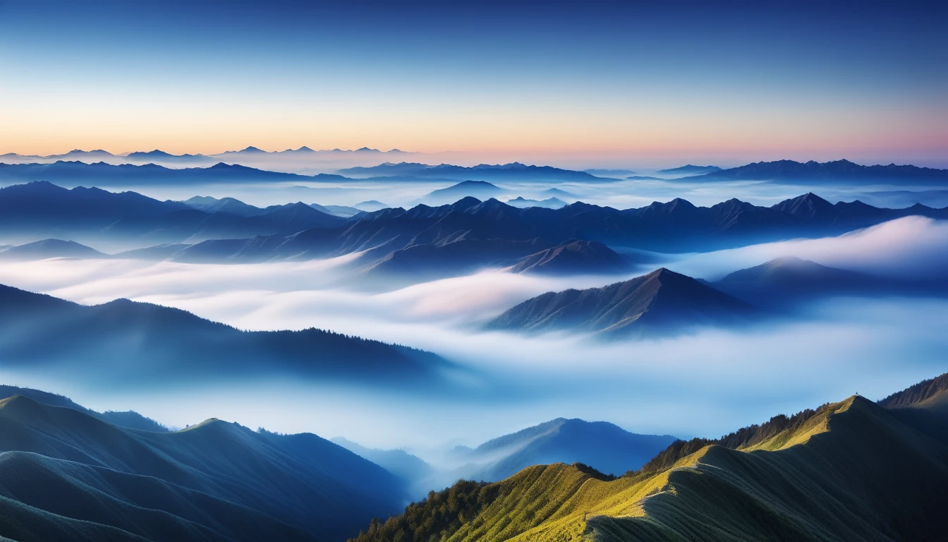Mountain landscape in blue tones at sunrise time with sunrise as background. Mountain range in the distance covered with fog and low clouds. Misty mountains mist., Mountains are like ink paintings, foggy valleys, foggy morning scenery, sea of clouds, morning light, peaceful and dreamy atmosphere, distant views,Super Depth of Field,Ultra wide angle,The intricacies of microfocal length lenses、High-detail shooting, delicate art, realistic and ultra-detailed digital art style
