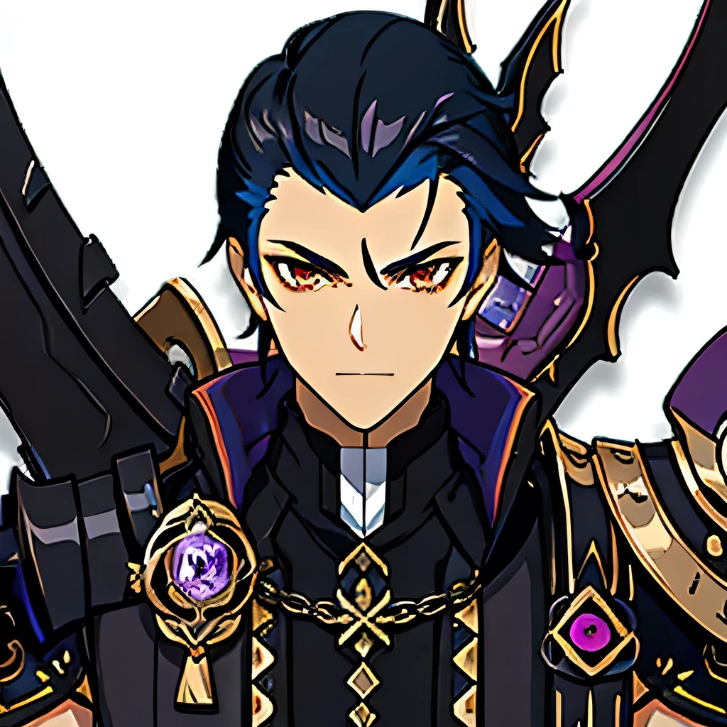 a male anime,single character, hyacinthe rigaud style, Black suite, short Black hair mexas brancas, barba, visual novel sprite, black armor detailed, high quality, cinematic, dramatic pose, intricate details, vibrant colors, masterpiece, Genshin impact. 