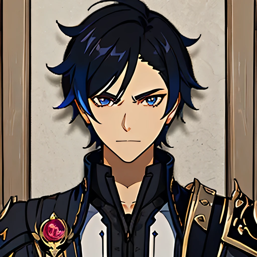 a male anime,single character, hyacinthe rigaud style, Black suite, short Black hair mexas brancas, barba, visual novel sprite, black armor detailed, high quality, cinematic, dramatic pose, intricate details, vibrant colors, masterpiece, Genshin impact. 