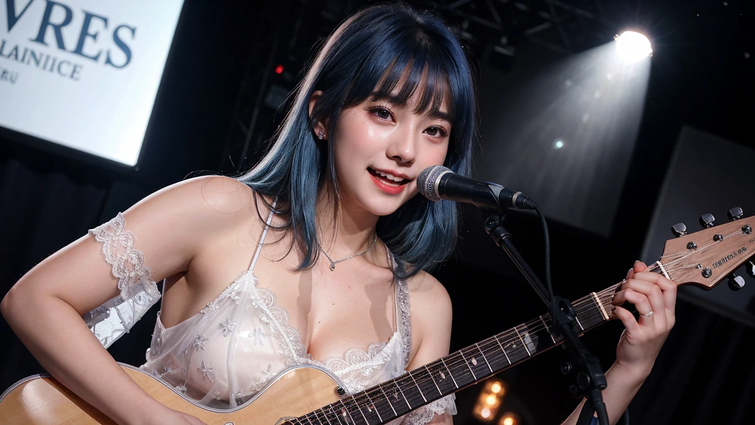((best quality)), photorealistic, photorealism, Photorealistic, high resolution, ((Wearing silver transparent lace dress))、smile、A superb beauty、Super cute、ennui、Rare beauty、Very Short hair、Black Dark Eyeshadow、Sad、white skin、pale skin, Very short hair layered、Dark Gothic Makeup、Cute Smile、Fragrant beauty、Stained glass background、Mastepiece、Best Quality、Refers to 5 books、Sweat glistening on my chest、Sweat glistening on my face、Medium breasts、Blue hair、Age 20 years old、Mysterious look、A sad expression、Blue Hair、Glamorous concert stage、enchanting castle、Sweating profusely all over the body、A lot of sweat and light on the thighs、Shiny thighs、Plenty of sweat glistening on the thighs、A large amount of sweat glistens on my thighs、Sweating profusely、Gal、Medium breasts、Beautiful face、Alluring expression、Sitting、Sitting playing guitar、Thick thighs、Playing guitar、I have a guitar、Sing a song enthusiastically、Playing guitar in a band、Rock band、Playing guitar chords、Live House Background、Sing a song、Open your mouth、Live house scenery、Mic stand、Glamorous live stage、Dynamic Angle、Cinematic lighting