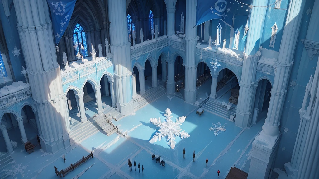 (((Different world interior scene,Frozen Church,Rooftop blue flag))),(Spiral staircase,Statue of the Goddess),shrine,beauty,Spectacular,majesty,luxurious,Ice cubes,Crystal clear,Glass,transparent,Light,warmth,