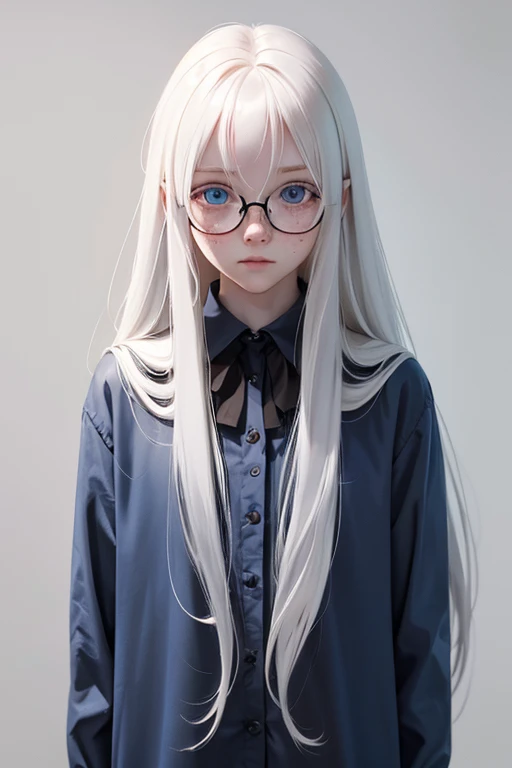 Albino girl with long silky hair wears glasses, has freckles and her eyes are dark blue.