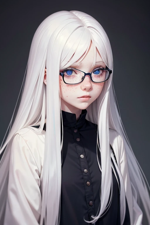 Albino girl with long silky hair wears glasses, has freckles and her eyes are dark blue.