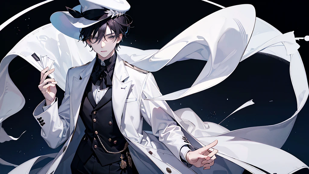 A boy,With a white hat, black hair, with a white coat and black t-shirt, white tie, time lord, masterpiece, handsome boy, cool baground
