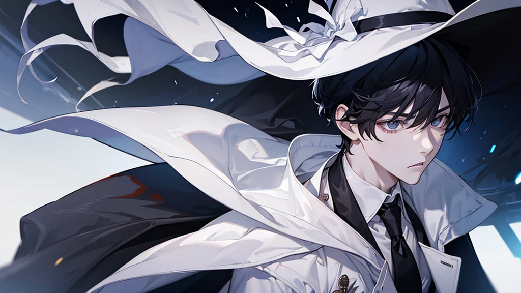 A boy,With a white hat, black hair, with a white coat and black t-shirt, white tie, time lord, masterpiece, handsome boy, cool baground
