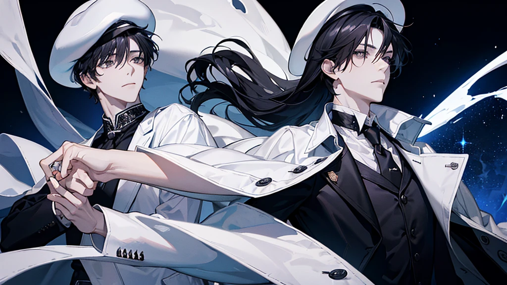 A boy,With a white hat, black hair, with a white coat and black t-shirt, white tie, time lord, masterpiece, handsome boy, cool baground