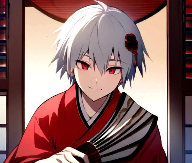 masterpiece, best quality, kaworu nagisa, cute, hot, elegant, seductive, red eyes, 1boy, ancient japan background, boy wearing female kimono, red decorative kimono, hair accessories, holding fan, smiling sweetly