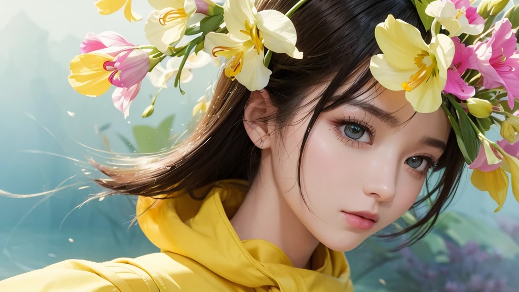 32k, Masterpiece, Highest quality, One girl, Detailed eyes, flower,gladiolus, Yellow and pink style,A dreamy, romantic piece,Pale yellow, Mysterious Leaves,A playful arrangement,Fantasy,High Contrast,Ink strokes,explosion,Exposure, Impression of yellow and white tones,Abstract,((Watercolours by John Berkey and Jeremy Mann )) Brush strokes,Negative Space, Tyndall effect,