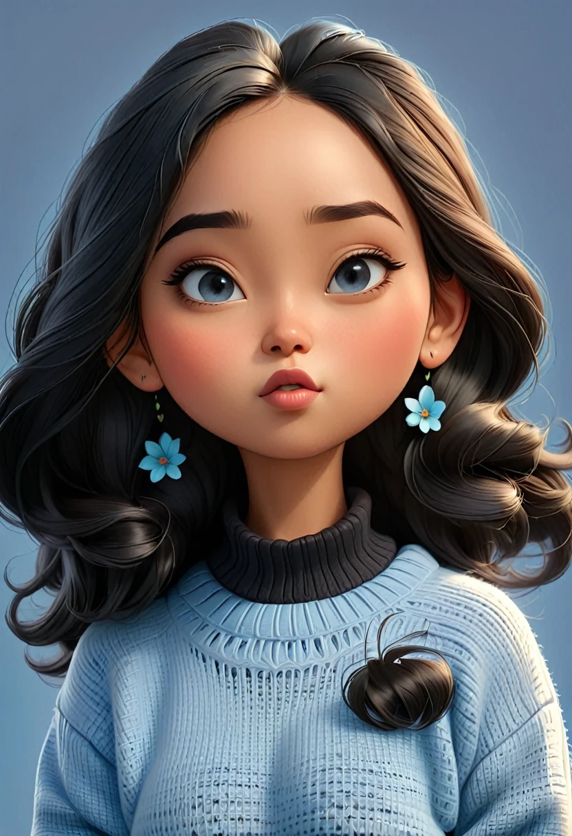 realistic 4D caricature of a big head, a beautyful indonesian girl age 21 yo, oval face, white skin, long black hair , wearing a sweater, light . blue and black gradient ,standing pose, grey background, pixar style
